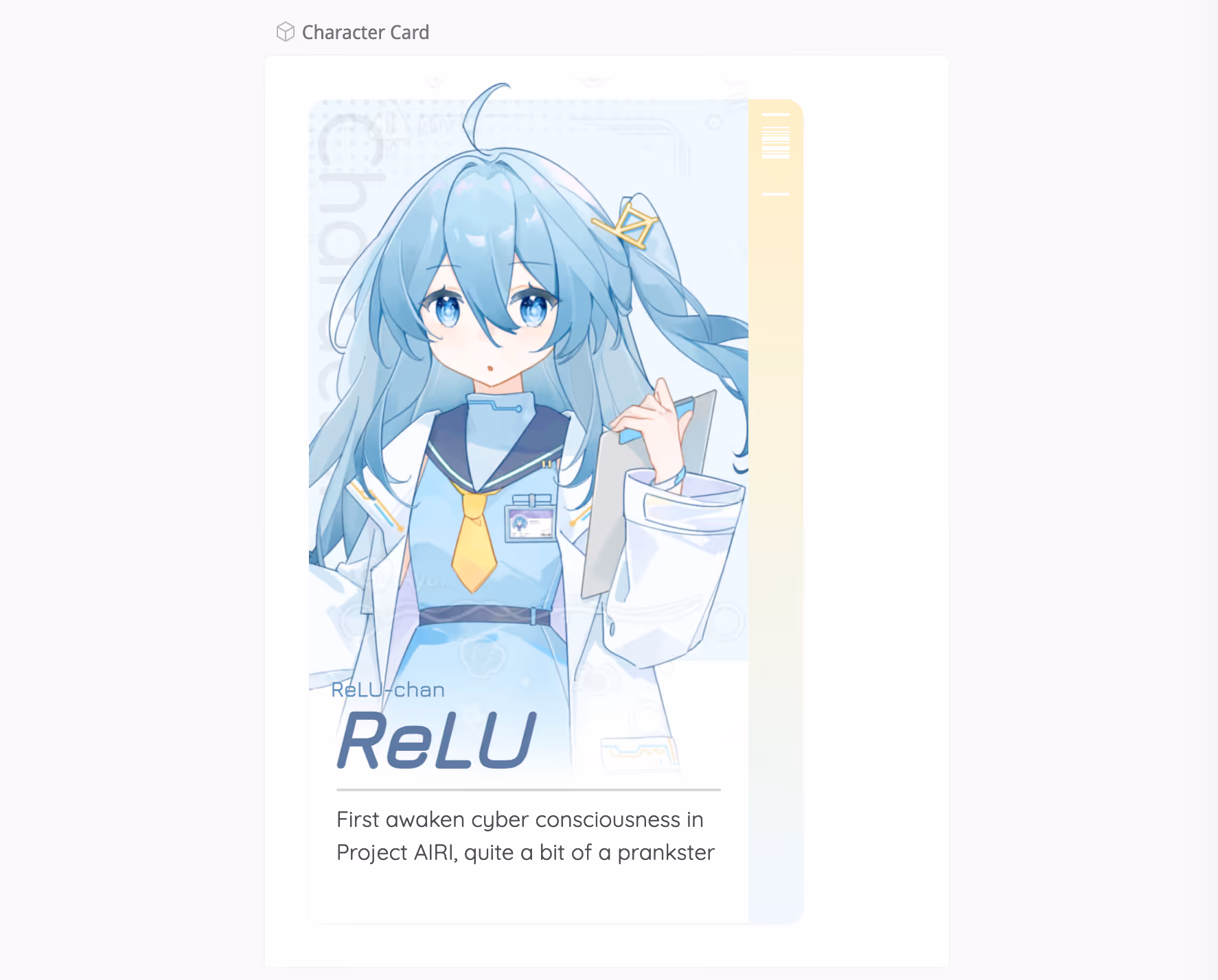 ReLU라는 파란 머리 캐릭터를 위한 카드 형태의 UI 디자인